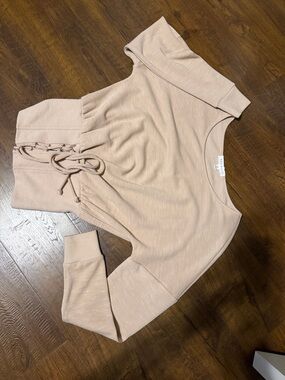 Socialite Beige Lace-Up Waist Long Sleeve Top